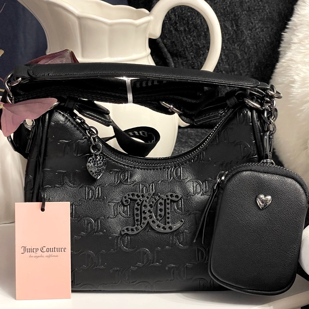 JUICY COUTURE Black Embossed Crossbody Bag in Liquorice (Black) w/Coin/Air Pods